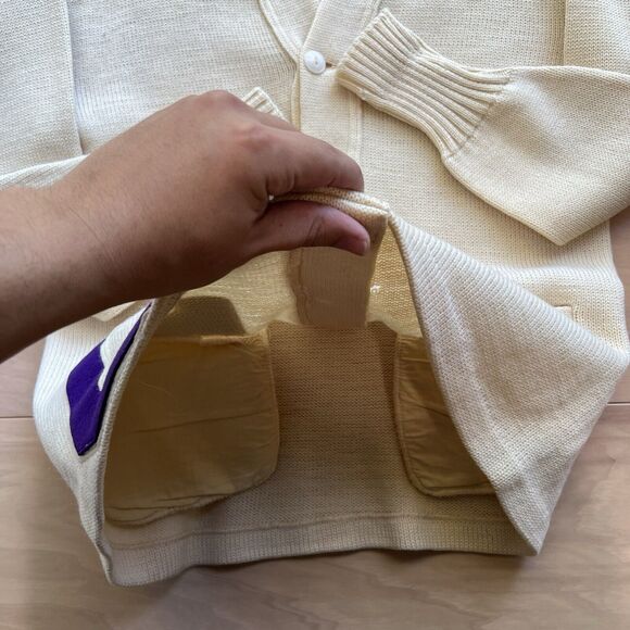 Vintage Letterman Cardigan Small Beige Wool Sweater 60s Indian Brand Made in USA - Picture 6 of 9